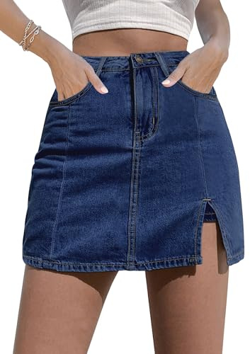 luvamia High Waisted Jean Skorts for Women Denim Mini Skirt Side Slit with High Wasited Jean Shorts Stretchy Womens Denim Skirts Darkness Blue Size Medium Size 8 10