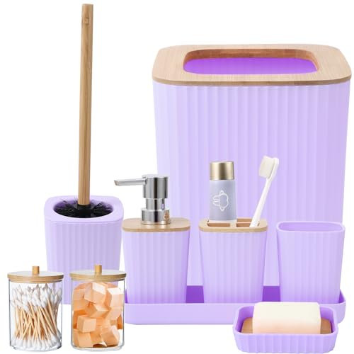 XLHOMO Purple Bathroom Accessory Set, Light Purple Bathroom Set with Tray, Toothbrush Holder,Toothbrush Cup,Soap Dispenser,Soap Dish,Toilet Brush,Trash Can and Qtip Holders