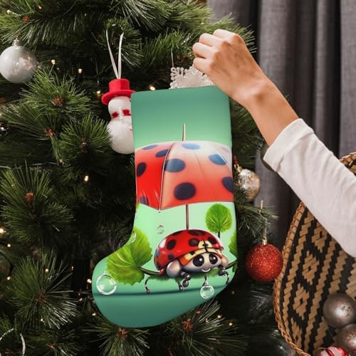 AdaNti Weicher Weihnachtsstrumpf, lustiger Marienkäfer mit Regenschirmen, Druck, Weihnachtsbaum-Dekor-Strümpfe, personalisierte Weihnachtsstrümpfe für Familie, Weihnachten, Urlaub, Jahreszeit,