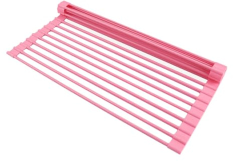 PZiXuaner Roll Up Dish Drying Rack Over The Sink.Foldable Kitchen Drainer,Fully Silicone Cover Stainless Steel Bar,Heat-Resistant, Anti-Slip Sink Rack for Kitchen Counter Multipurpose.
