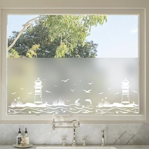 dktie Fensterfolie Blickdicht Sichtschutzfolie Fenster Milchglasfolie Leuchtturm Muster Statische Aufkleber ohne Klebstoff Wiederverwendbar Geeignet für Wohnzimmer, Schlafzimmer, Küche 44,5 x 200 cm