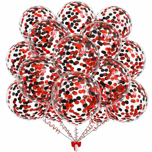 50pcs Black and Red Foil Confetti Balloons,12 inch Latex Balloon with Black Red Confetti Inside for Birthday Family Party Graduation Decorations