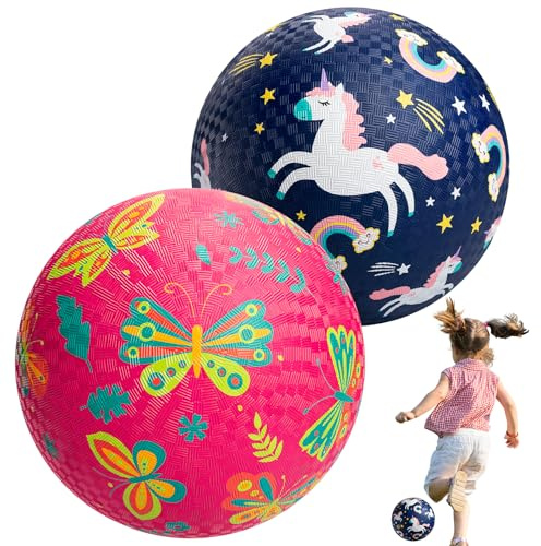 U&C Planet Playground Balls for Toddlers 1-3, 2 Pack 8.5 inch Kickball for Kids Outdoor Indoor, Catoon Balls with Unicorn Butterfly, Child Gift for Boys Girls 1-3 3-5 5-10