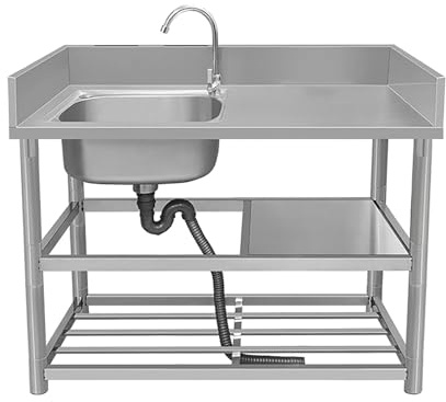 Stainless Steel Kitchen Sink Commercial Sink Single Bowl 304 Stainless Steel Commercial Kitchen Sinks with Faucet and Storage Shelves with Workbench and Drainer Unit for Outdoor Indoor Restaurant (Co