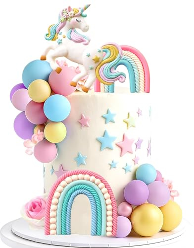 Unicorn Cake Topper Rainbow Flower Cake Decorations， Flowers Balls Decor for Girls Boys Birthday Party Boho Rainbow Unicorns Theme Party Supplies