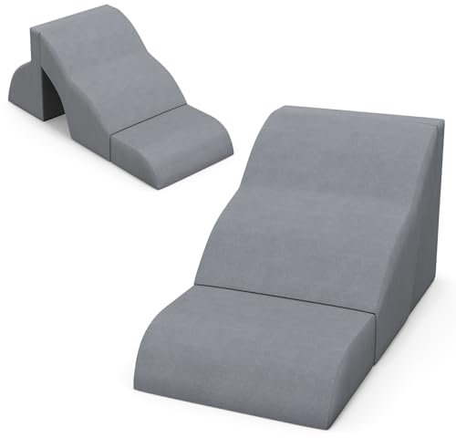 GOPLUS 3-stufige Hundetreppe, Hundestufe mit waschbarem Bezug und Reißverschluss & Fusselrolle für Hunde und Katzen, Haustiertreppe für hohe Sofas & Betts, Grau