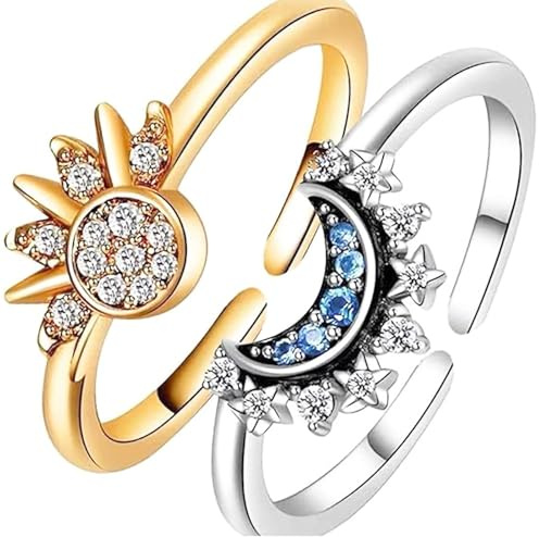 Bkemkri 2 Pièces Bague Couple, Bague Soleil et Lune à Meilleur Ami Je Suis Toujours Ensemble de Bagues Soleil et Lune Scintillantes RéGlables Bague de Promesse D'amitié Empilable Cadeau Anniversaire