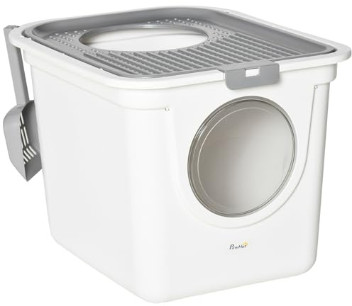 PawHut Lettiera per Gatti Chiusa 2 Ingressi con Paletta 44x55x39 cm Bianco | Vassoio, Lettiera Coperta, in Plastica PE