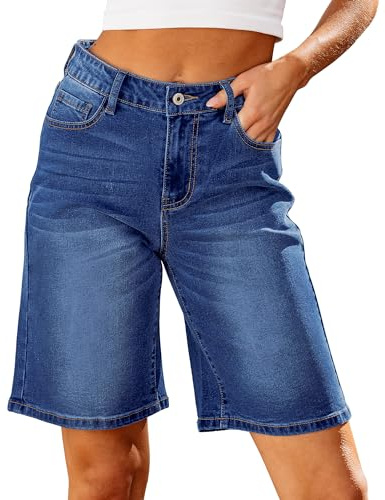 Roskiky Bermuda en jean pour femme, taille haute, tendance, extensible, longueur genou, coupe ample, long, bleu foncé, XXL