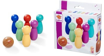 Eichhorn – Games – Bowling Spiel mit 6 Pins und Einer Holzkugel, buntes Tisch Bowling, 7 teilig, aus Birkenholz, ab 3 Jahren