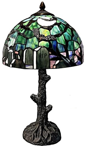 Bieye L50971 Tiffany-Style Stained Glass Table Lamp - Gothic Graveyard Scene with Bats, Full Moon, and Tombstone Design (Dark Blue, 12Wx21H inch)