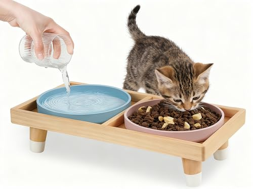 JAZUIHA Katzennapf Erhöht mit 2X 18cm Breite Schalen Schnurrhaarfreundlich | Ergonomische Futterstation für Katzen & Kleine Haustiere, Silikon-Schalen Spülmaschinenfest, Werkzeugfreie Montage