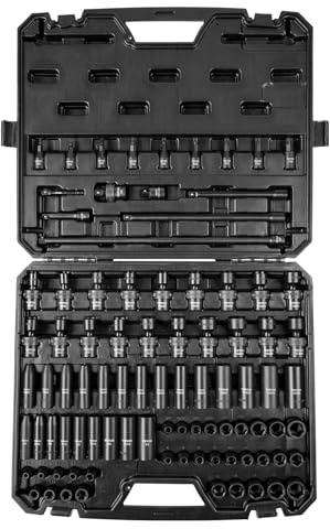 VEVOR Impact Socket Set 3/8 Drive, 90 PCS, CR-MO, SAE 1/4-3/4 Metric 6-19mm, with Shallow & Deep Sockets, Swivel & E-Torx & Bit socket Sockets, Extension Bars, Adapters, Universal Joint