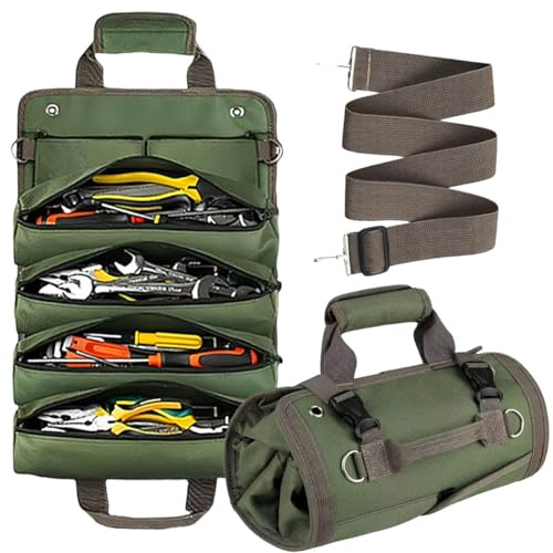 Werkzeugtasche zum Aufrollen, robust, gerollt, leer, tragbar, faltbar, Roll-Organizer mit 2 kleinen Taschen, rollbare Tragetasche, Werkzeugtasche, Vater, Männer, Mechaniker (Grün)
