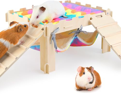 Guinea Pig House with Hammock,Wooden Guinea Pig Hideout with Ramp Soft Hammock fit Guinea Pigs Cages Accessories for Small Animals