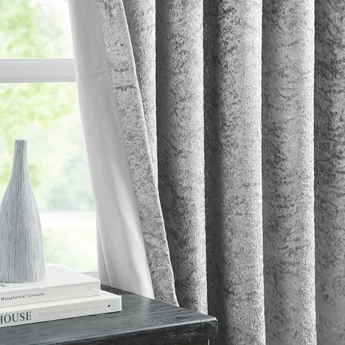 Bujasso Silver Full Blackout Velvet Curtains 54 inch 2 Panels Eyelet Thermal Insulated Blackout Lining Drapes for Living Room Bedroom Crushed Velvet Room Darkening Curtains Grommet Top W66xL54