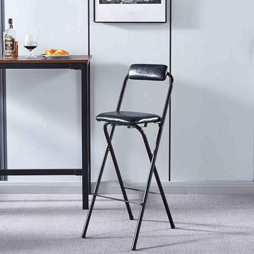 Sgabello da bar pieghevole portatile con schienale, confortevole sedia rotonda imbottita, sgabello alto compatto per cucina, sala colazione, sala giochi, nero 70 cm