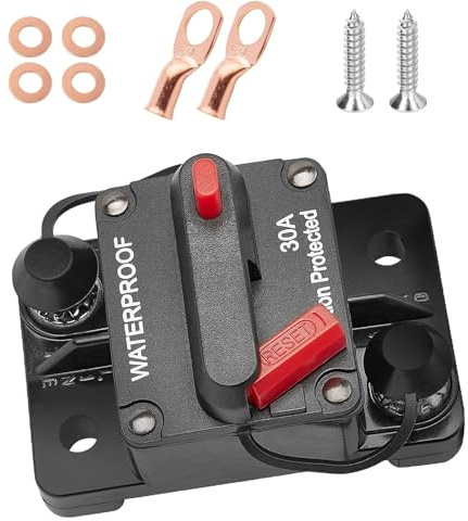 Schutzschalter 30A 12V-48V DC mit Manuelles Reset für LKW Wohnmobil Boot | Auto-Leitungs Schutzschalter Sicherungshalter Sicherungsautomat mit Kabelschuhe Kupferscheiben Audio