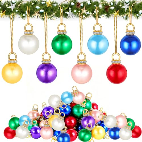 Kleine Weihnachtskugeln Set, 72 Stück Mini Weihnachtskugeln, 16 mm Mini Christbaumkugeln, Weihnachtskugelns Bunt mit 10 Metern Golddraht für Weihnachtsbäume, Girlanden, Treppen, Fenster