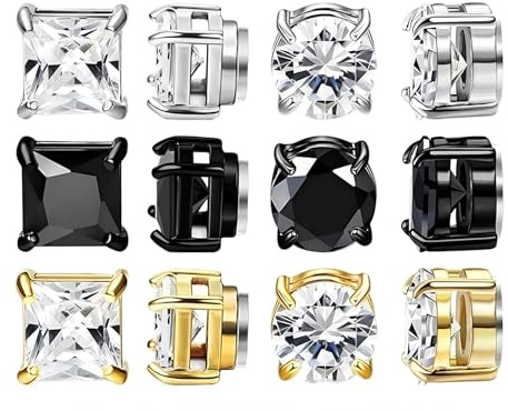 6 Pairs Magnetic Earrings for Men, Clip on Earrings Silver & Gold Zircon Non-Piercing Earrings for Men & Women, Stylish Hypoallergenic Magnetic Stud Earrings Daily Wear