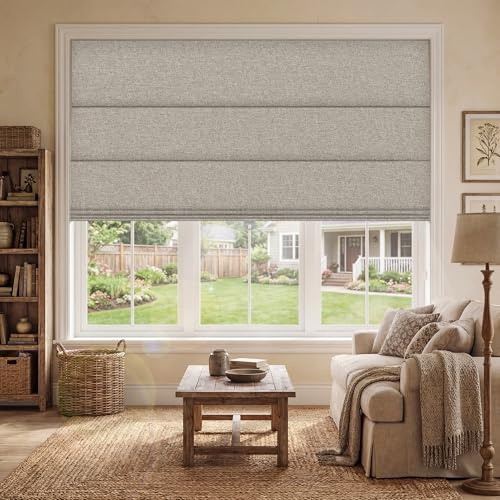 BERISSA Blackout Roman Shades for Indoor Windows Cordless,Pull Down Linen Fabric Roman Blinds,Privacy Window Shades for Door Windows,Bedroom,Office,Easy to Install,Light Brown,29 W x 48 H