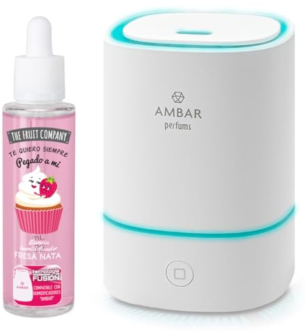 The Fruit Company Humidificador 2.0 + Esencia 50 ml. a Elegir – Difusor Ultrasónico con Luz LED – Depósito 150 ml USB – Aromaterapia y Bienestar en el Hogar (Silencioso +8h) (FRESA Y NATA)