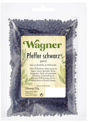 Wagner Gewürze Pfeffer schwarz ganz, 1er Pack (1 x 250 g) | Zum frischen Vermahlen | Für dunkle Speisen