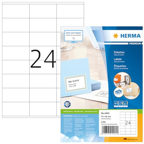 HERMA 4453 Adressetiketten, 100 Blatt, 70 x 36 mm, 24 pro A4 Bogen, 2400 Stück, selbstklebend, bedruckbar, matt, blanko Papier Adressaufkleber Etiketten, weiß