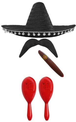 Mexikanisches Kostüm-Accessoire-Set, Mexikanischer Sombrero + Maracas + Fashe Perfekt für mexikanische Kostüme Senorita Bandit Mariachi (schwarzer Pompon Sombrero + 2 rote Maracas)
