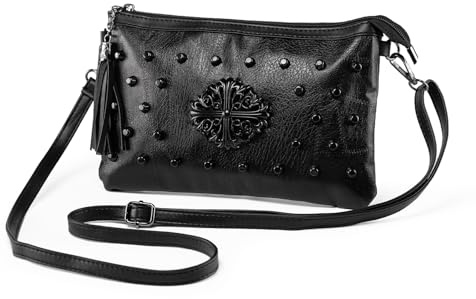 LaRechor Mini Sacs en Bandoulière Sac à Main pour Femme Rivets Frange Sac Pochette Portefeuille Cuire avec Sangle Épaule et Bracelet (Noir)