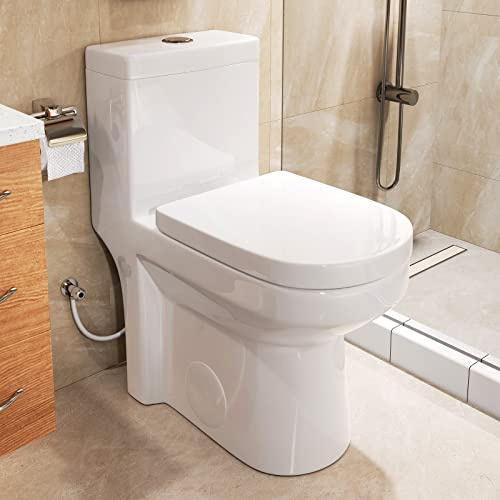 HOROW HWMT-8733 Small Compact One Piece Toilet For Bathroom, Powerful & Quiet Dual Flush Modern Toilet, 12'' Rough-In Toilet & Soft Closing Seat Include, 25D x 13.4W x 28.4H, White