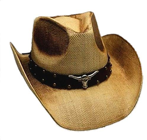 Western Ranch Strohhut Cowboyhut beige braun geflammt mit Leder - Hutband Longhorn und Nieten (54-56)