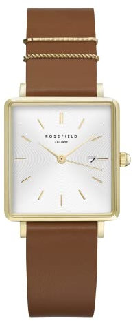Rosefield Femme Montre The Boxy: Or 26 * 28mm Boîtier Carré avec Cadran Blanc et Bracelet Cuir Cognac -QSCG-Q029
