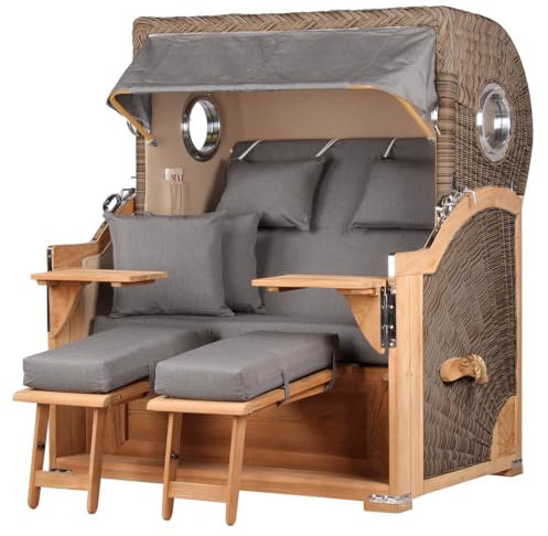 bene living Strandkorb-Set Königssee Teak Bullauge - PE grau - Modell 551 - Liftersystem