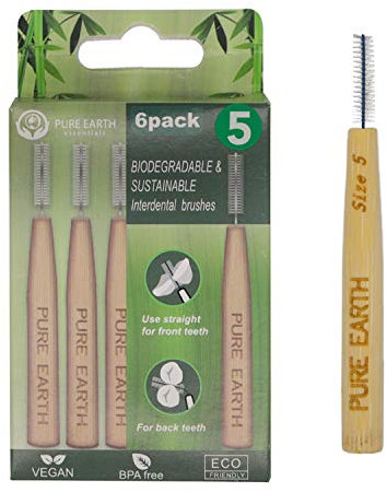 Pure Earth Essentials Brosses interdentaires en bambou - Brosse interdentaire biodégradable - Manche bio avec poils doux pour un nettoyage en profondeur entre les dents et les gencives (6 pièces,