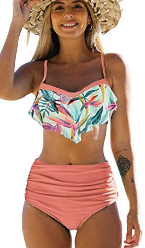 Bikinis Mujer Top con Volantes Braga de Color Liso Traje de Baño Cintura Alta Bañador Mujer Reductor Barriga Rosa M
