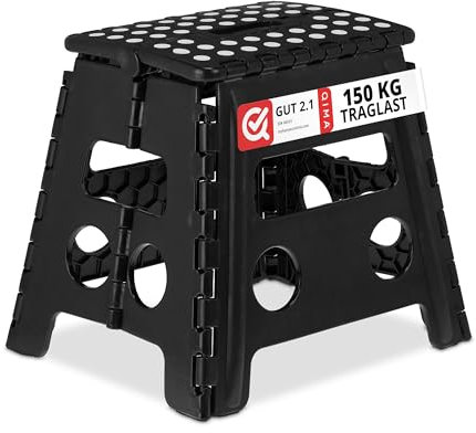 Relaxdays Taburete Plegable, Banqueta de 32,5 cm Alto, 1 Escalón, hasta 120 kg, Banca Antideslizante de Plástico, Negro, Acero