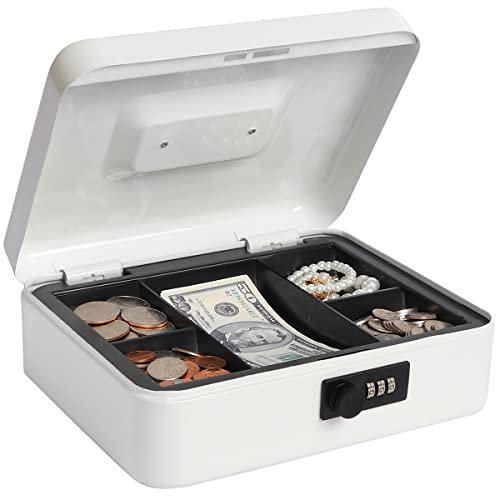 Geldkassette mit Zahlenschloss, Metall Spardose für Bargeld, Lovndi Lock Box mit Geldschale, 9,84 x 7,87 x 3,54 Zoll, Weiß