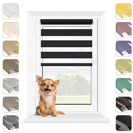Mardom Duo Rollo Tag Nacht Ohne Bohren Klemmfix Schwarz, 42.5x215 cm (Stoffbreite: 38.5) Doppelrollo Fensterrollo Innen mit Click-System, Sichtschutz Rollo Geraffte Stoffbahn Classic, Jalousie