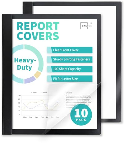 Binditek 10 Pack Heavy-Duty Clear Front Report Covers with 3 Prongs, 100-Sheet Capacity, Plastic Report Folder with Black Back Covers, 3 Metal Prongs Fasteners, for Letter Size, Office Supplies
