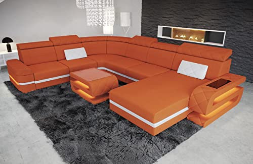 XXL Sofa Wohnlandschaft Bologna - mit LED Beleuchtung, verstellbare Kopfstützen, Recamiere/Mikrofaser/Ausrichtung wählbar (Ottomane rechts, Weiss-Orange)