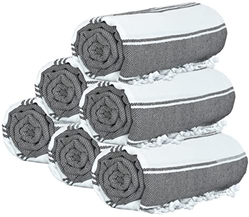 GLAMBURG Peshtemal Turkish Towel Cotton Beach Towels Oversized 36x71 Set of 6, Cotton Beach Towels for Adults, Soft Durable Absorbent Extra Large Bath Sheet Hammam Towel - Black