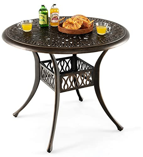 COSTWAY Table Ronde 90 CM, Table de Jardin en Aluminium Noir, Pieds Réglables Antidérapants, Robuste, Pour Patio, Piscine, Terrasse