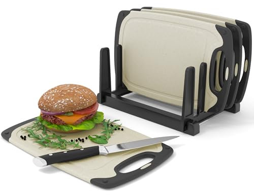 KPYTO Frühstücksbrettchen 4-er Set mit Ständer kunststoff klein creme-schwarz spülmaschinenfest rutschfest beidseitig Schneidebrettchen 25x15cm