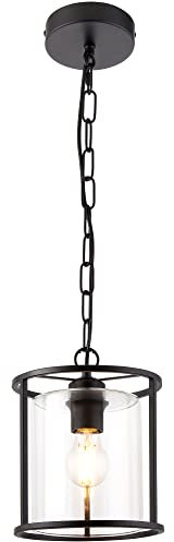 National Lighting Pendant Light - Cylindrical Shape Single Lamp Fitting in Matt Black & Clear Glass Finish - Height Adjustable Ceiling Light for Bedroom or Living Room - 10W LED E27 (Required)