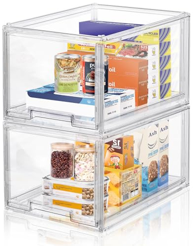 DILIBRA 2 Packs Large Stackable Storage Drawers, Plastic Clear Bathroom Make up Under Sink Drawer Organizers, Acrylic Bathroom Storage Bins for Cabinet Closet Office Kitchen Pantry Snacks Organization