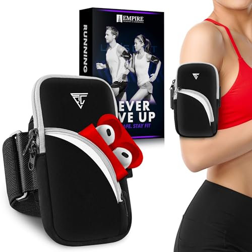 Empire Running Phone Holder with Zipper Pockets - Sports Running Holder for Exercise and Workout - Universal Phone Armband for iPhone 14/13/12 Pro Max, Samsung S22/S21/S20 Ultra up to 6.9