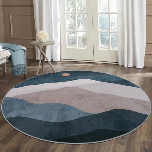 Sungea Abstrakter runder Teppich für Schlafzimmer, weich, waschbar, rutschfest, großer Kreisteppich, schicke Kunstwolle, Hochflor-Teppiche für Kinderzimmer/Wohnzimmer/Klassenzimmer (blau)