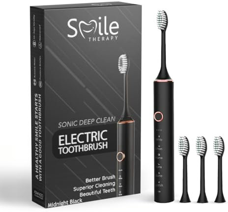 Smile Therapy Advanced Sonic Electric Toothbrush - 6 in 1 for Adults Kids, Rechargeable Long Battery Life 50 Days, with 4 Brush Heads, 6 Modes with 2 Minutes Smart Timer (Black, Electric Toothbrush)