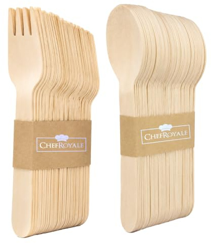 Chef Royale Pack of 100 Wooden Spoons & Forks - Biodegradable Compostable & Eco Friendly Disposable Cutlery Set for Events and Home Use (50 Forks, 50 Spoons)